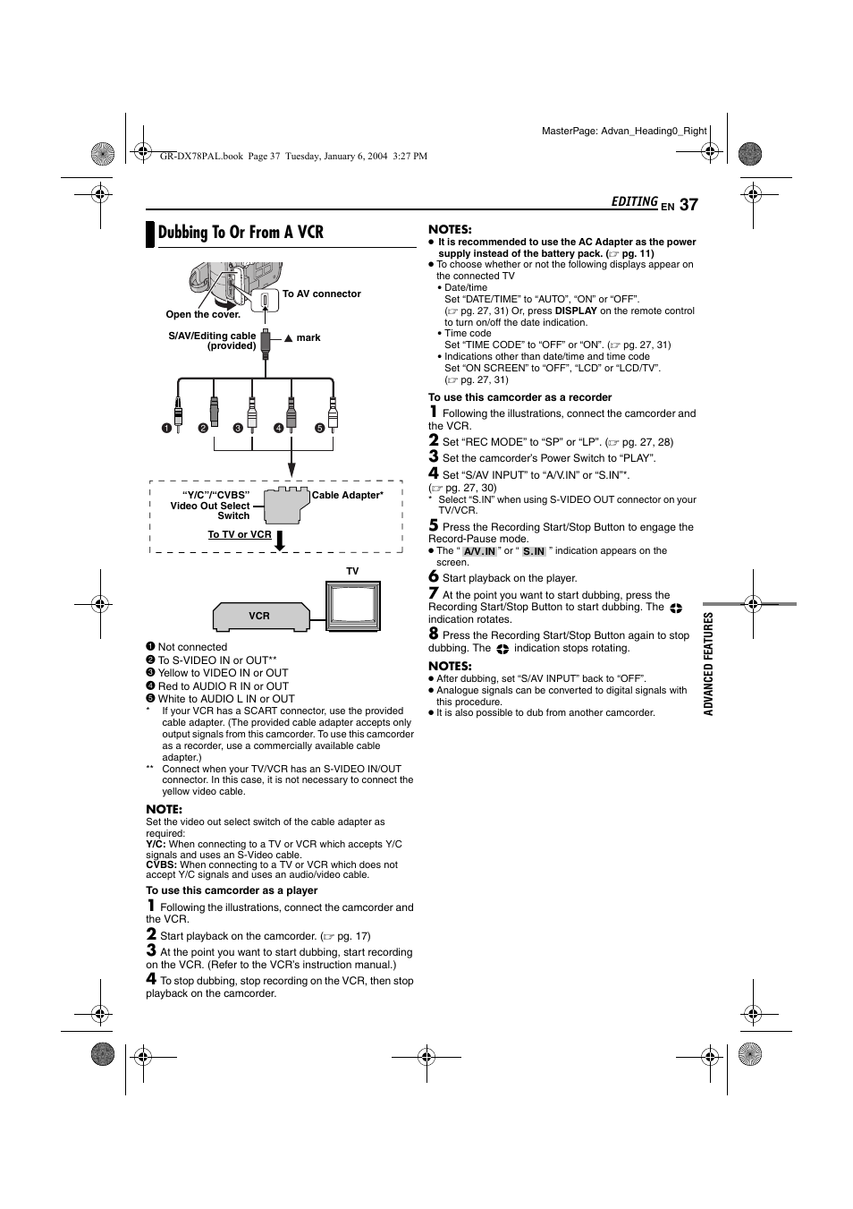 Editing, Dubbing to or from a vcr, Pg. 37 | Pg. 37) | JVC Digital Video Camera GR-DX78 User Manual | Page 37 / 52