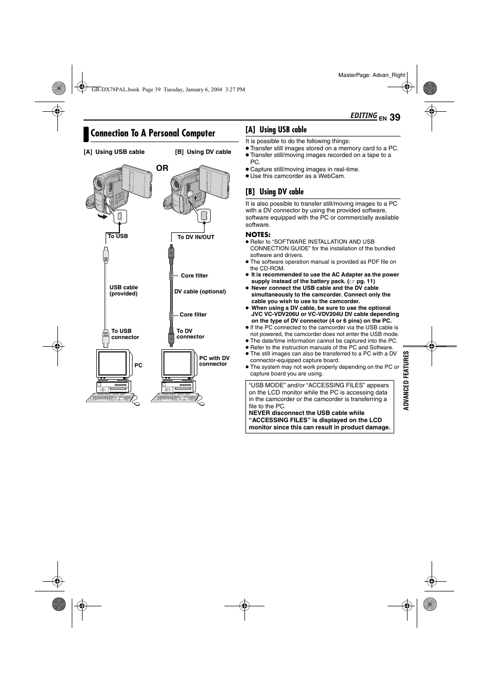 Connection to a personal computer, Pg. 39) | JVC Digital Video Camera GR-DX78 User Manual | Page 39 / 52
