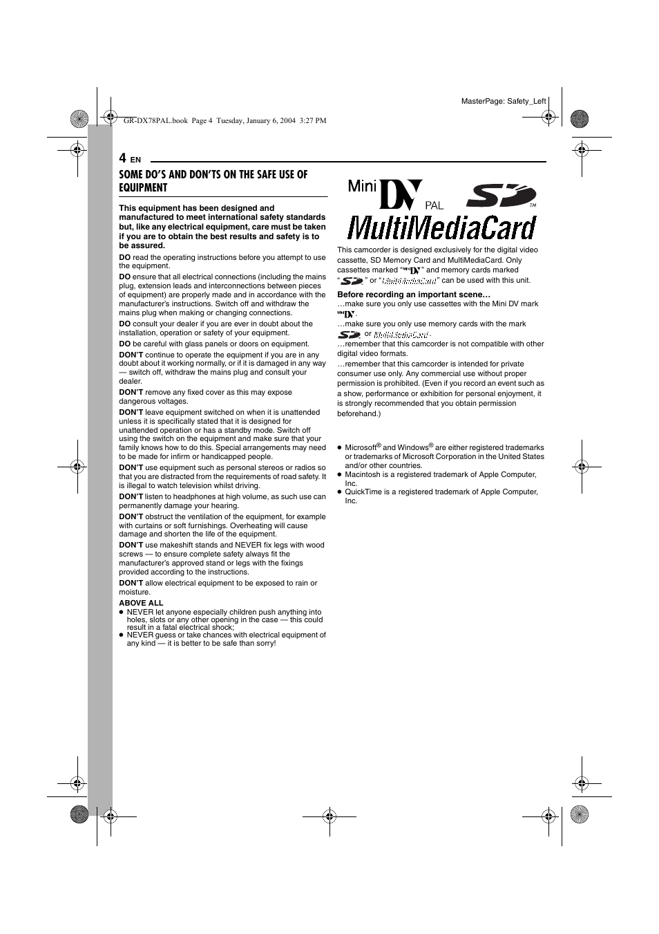 Some do’s and don’ts on the safe use of equipment | JVC Digital Video Camera GR-DX78 User Manual | Page 4 / 52