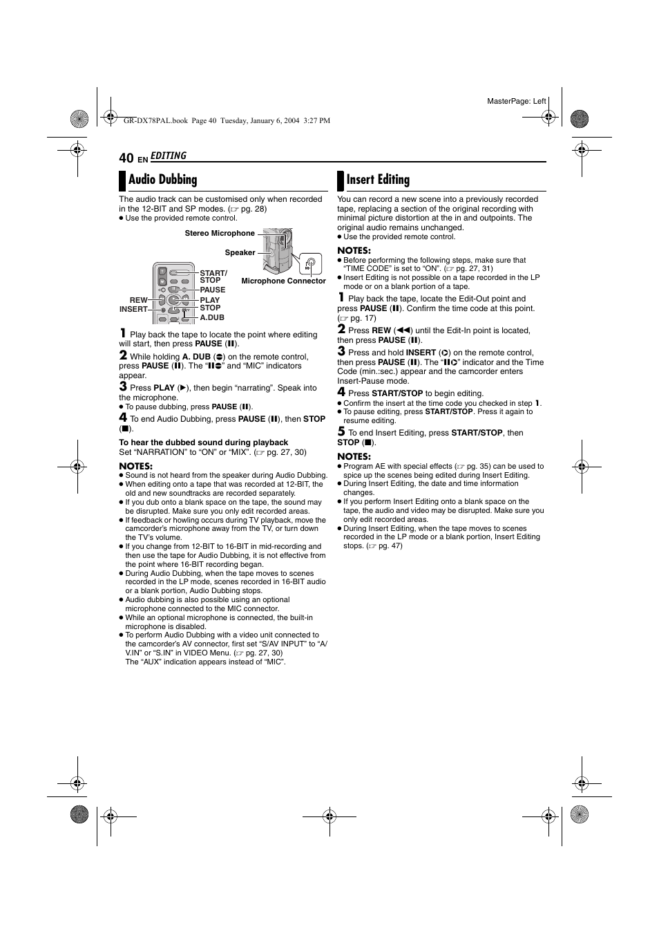 Audio dubbing, Insert editing, Pg. 40) | Pg. 40) are | JVC Digital Video Camera GR-DX78 User Manual | Page 40 / 52