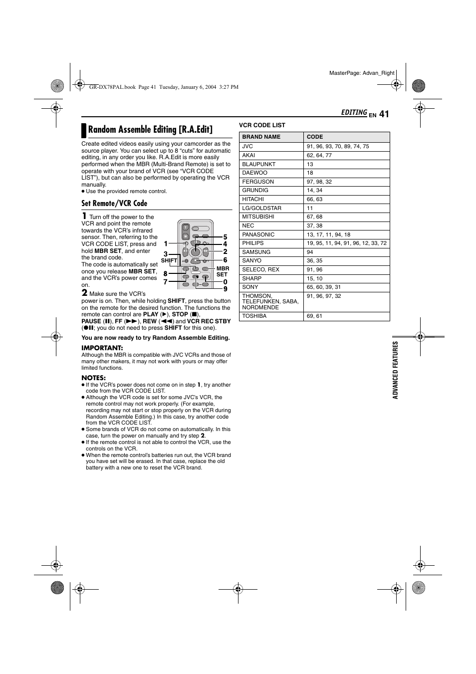Random assemble editing [r.a.edit, Set remote/vcr code, Pg. 41 – 44 | Pg. 41, Pg. 41) | JVC Digital Video Camera GR-DX78 User Manual | Page 41 / 52