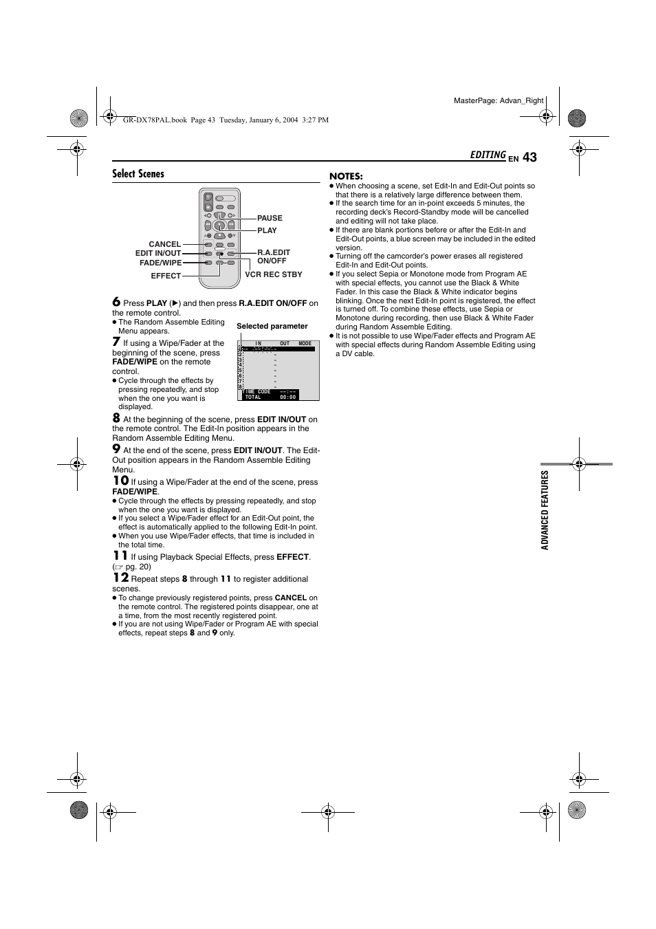 Select scenes, Pg. 43), Editing | JVC Digital Video Camera GR-DX78 User Manual | Page 43 / 52