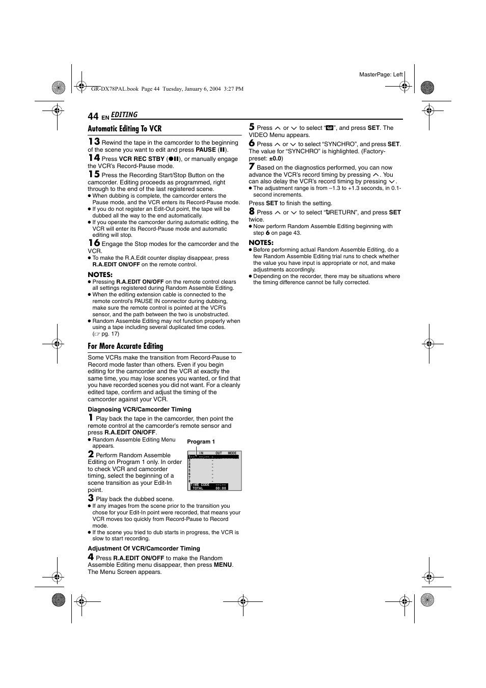 Automatic editing to vcr, For more accurate editing, Pg. 44, “for more accurate editing | Editing | JVC Digital Video Camera GR-DX78 User Manual | Page 44 / 52