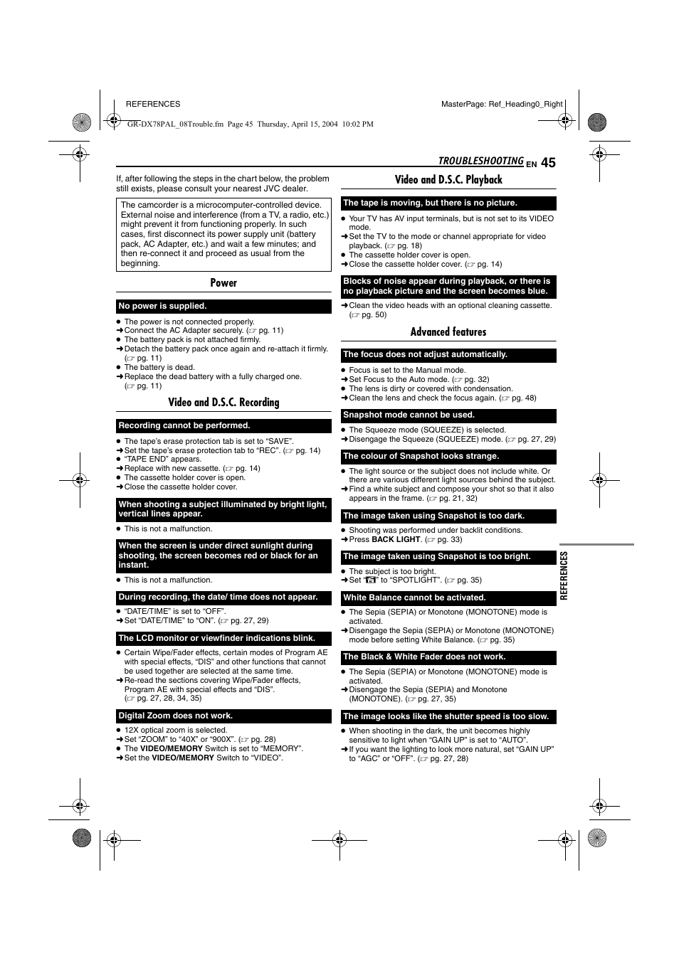 Troubleshooting, References 45, Power | Video and d.s.c. recording, Video and d.s.c. playback, Advanced features | JVC Digital Video Camera GR-DX78 User Manual | Page 45 / 52