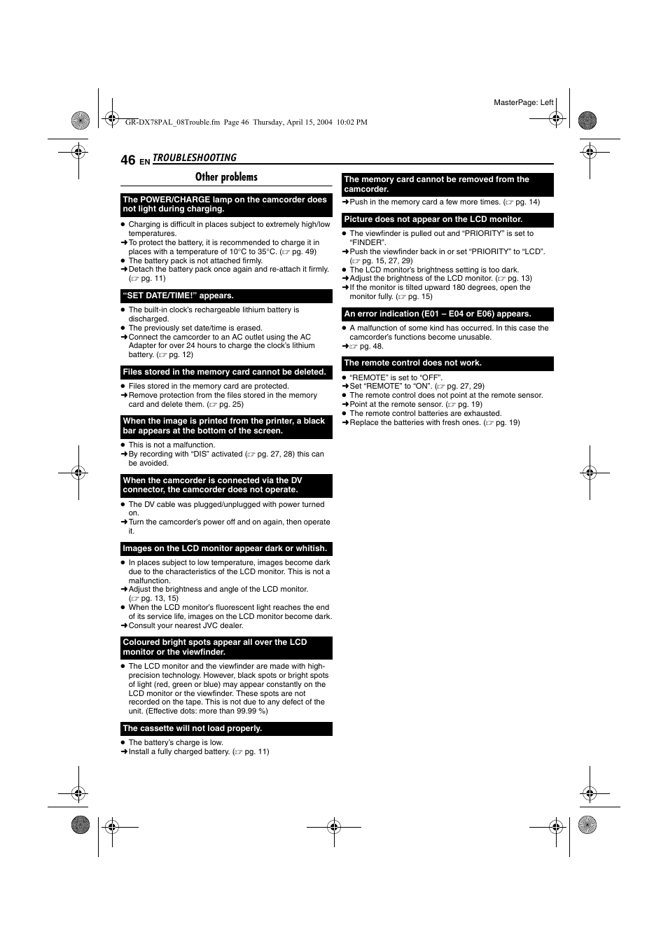 Troubleshooting, Other problems | JVC Digital Video Camera GR-DX78 User Manual | Page 46 / 52