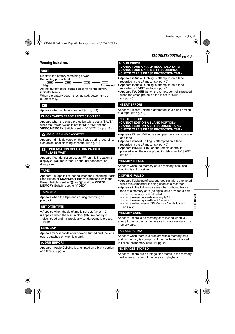 Warning indications, Pg. 47), R (੬ pg. 47) | Pg. 47 | JVC Digital Video Camera GR-DX78 User Manual | Page 47 / 52
