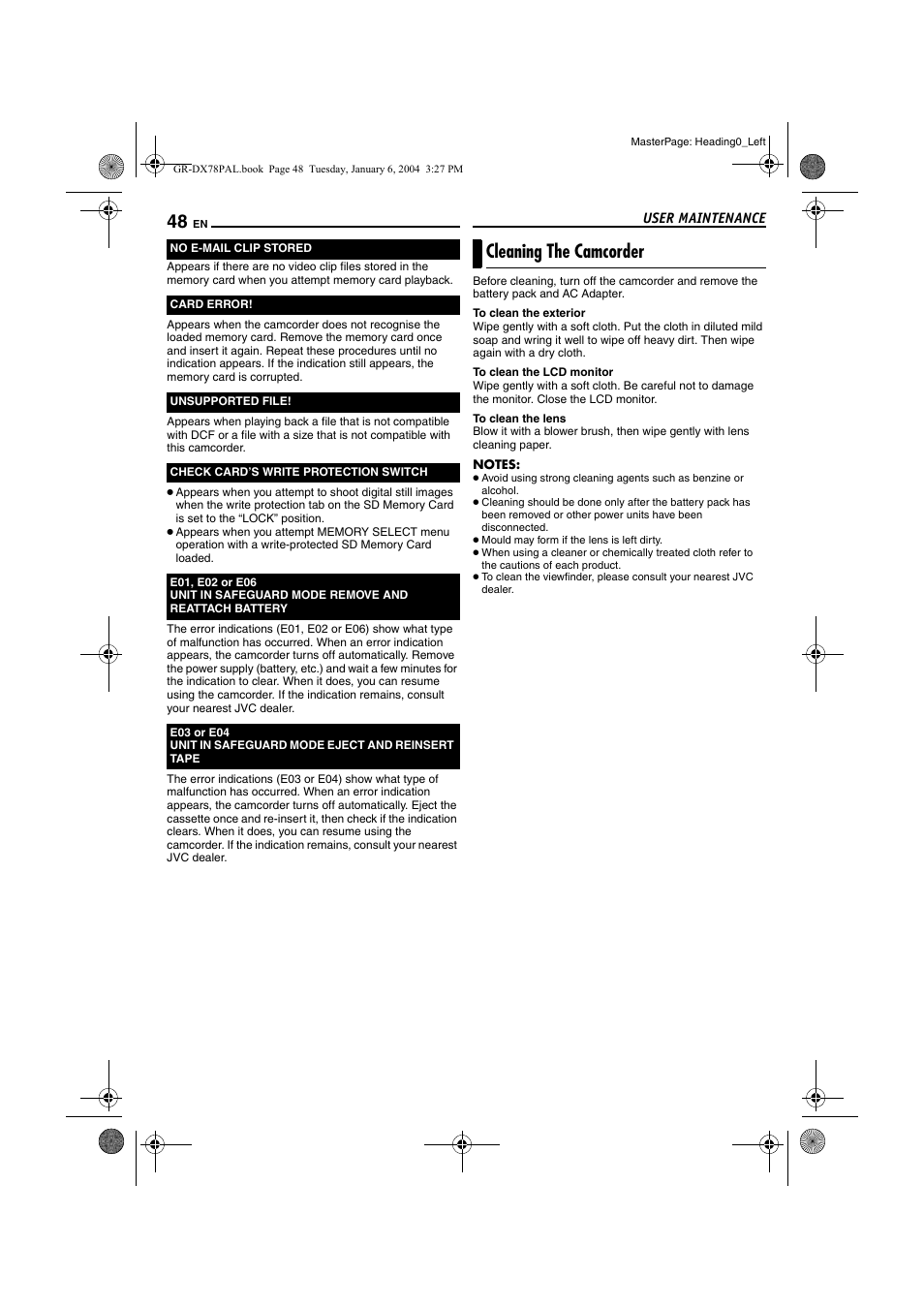 User maintenance, Cleaning the camcorder, 48) are | Pg. 48), Pg. 48 | JVC Digital Video Camera GR-DX78 User Manual | Page 48 / 52