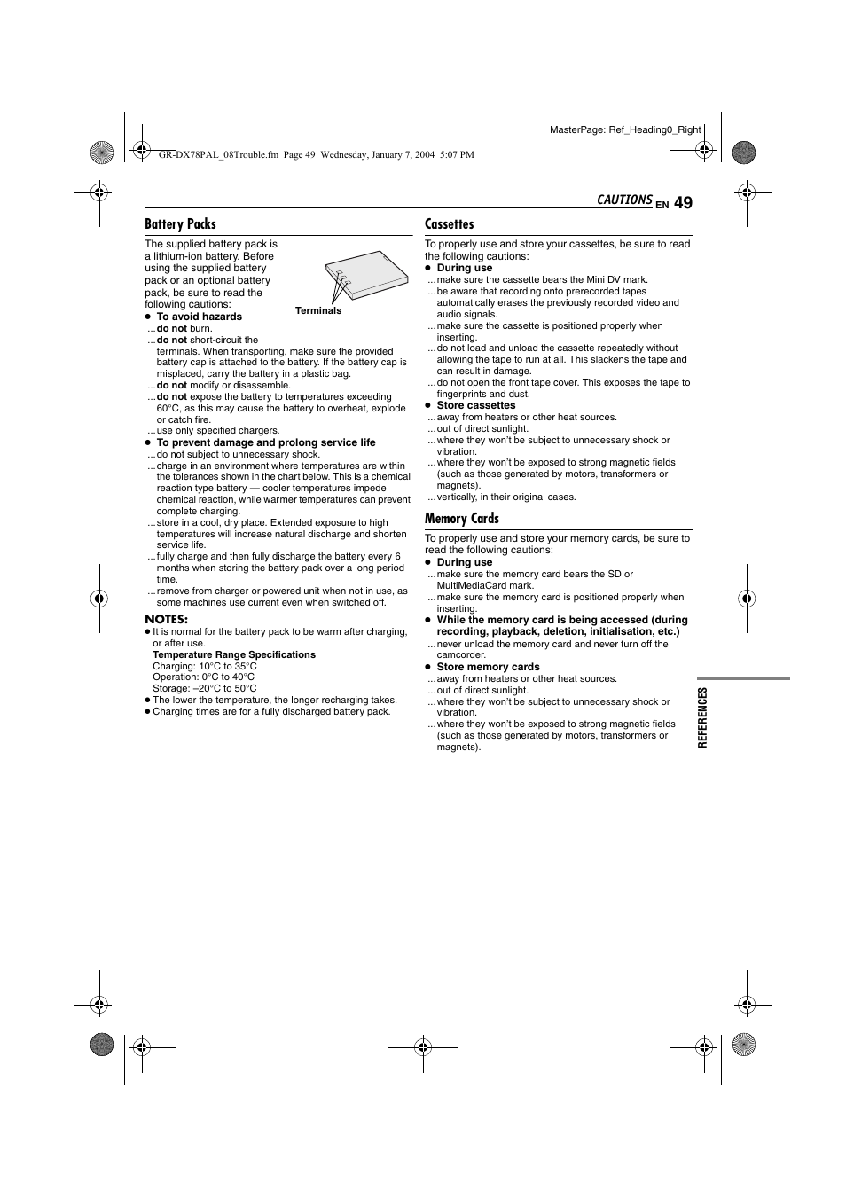 Cautions, Battery packs, Cassettes | Memory card, Pg. 49) | JVC Digital Video Camera GR-DX78 User Manual | Page 49 / 52