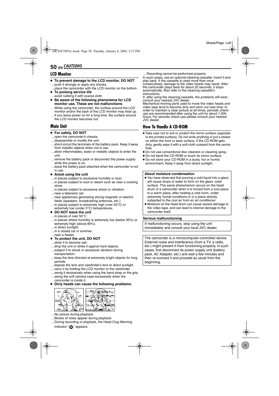 Lcd monitor, Main unit, How to handle a cd-rom | Pg. 50) | JVC Digital Video Camera GR-DX78 User Manual | Page 50 / 52
