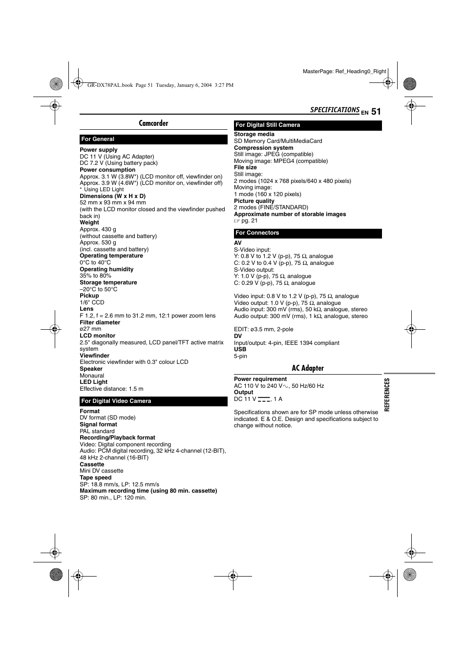 Specifications, Camcorder, Ac adapter | JVC Digital Video Camera GR-DX78 User Manual | Page 51 / 52