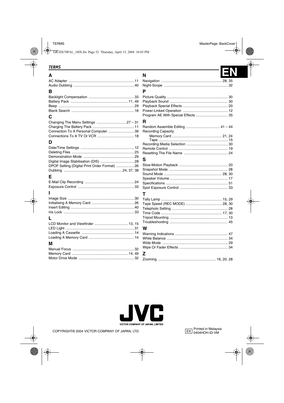 Terms | JVC Digital Video Camera GR-DX78 User Manual | Page 52 / 52