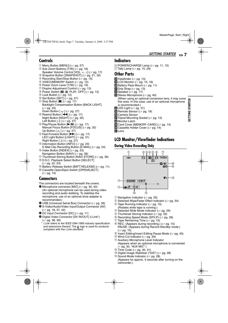 Controls, Connectors, Indicators | Other parts, Lcd monitor/viewfinder indications, During video recording only | JVC Digital Video Camera GR-DX78 User Manual | Page 7 / 52