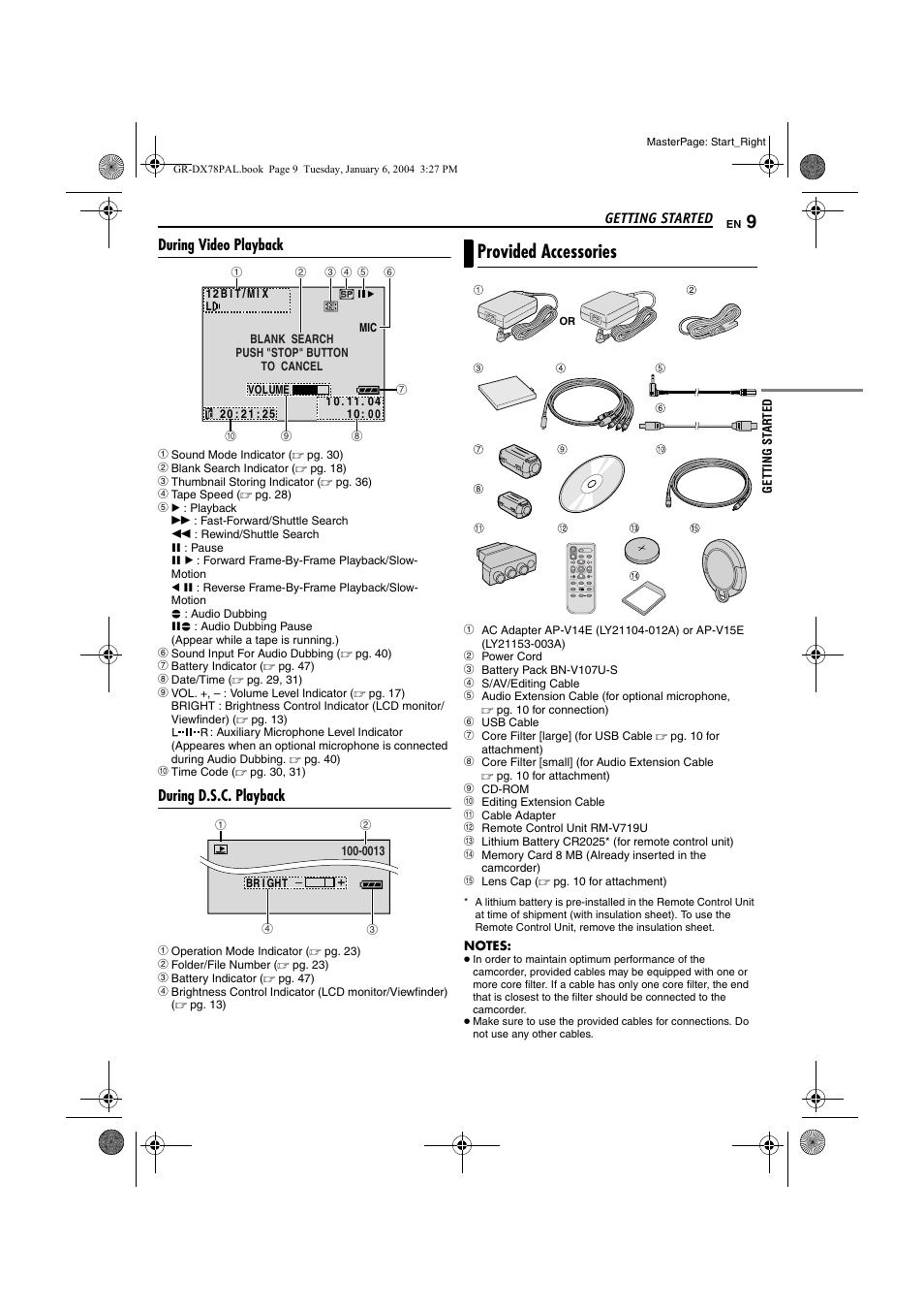 During video playback, During d.s.c. playback, Provided accessories | JVC Digital Video Camera GR-DX78 User Manual | Page 9 / 52