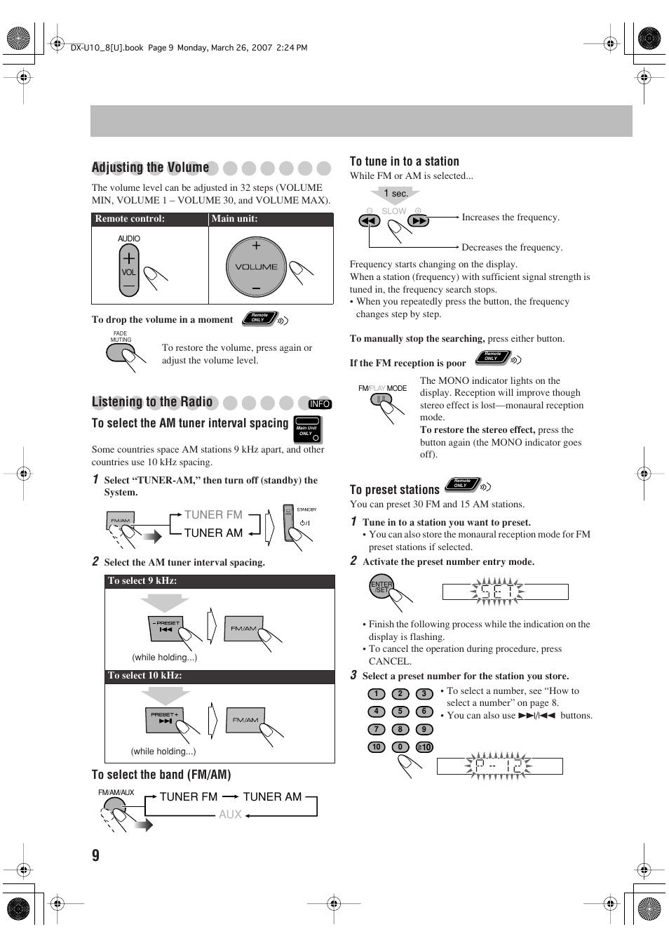 Adjusting the volume, Listening to the radio | JVC CA-DXU10 User Manual | Page 12 / 104