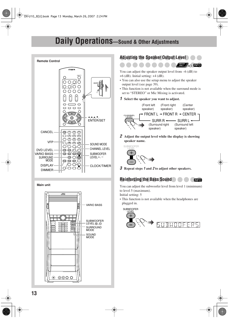 Daily operations —sound & other adjustments, Daily operations, Sound & other adjustments | Adjusting the speaker output level, Reinforcing the bass sound | JVC CA-DXU10 User Manual | Page 16 / 104