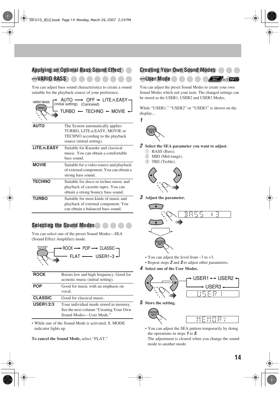 Applying an optimal bass sound effect —vario bass, Selecting the sound modes, Creating your own sound modes —user mode | JVC CA-DXU10 User Manual | Page 17 / 104