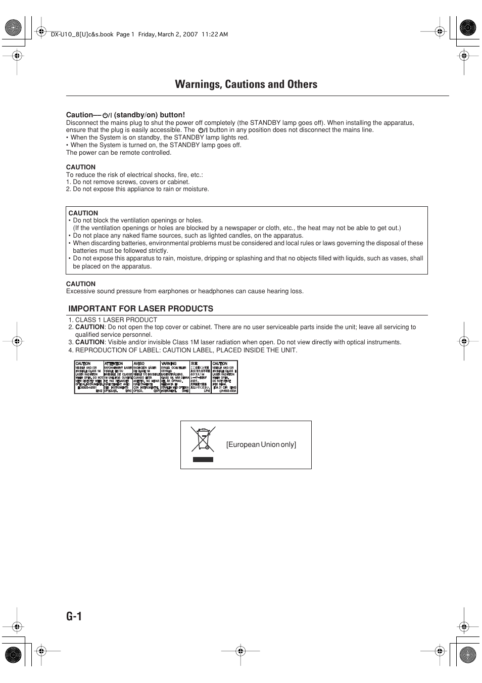 Warnings, cautions and others, Important for laser products, G-1 warnings, cautions and others | JVC CA-DXU10 User Manual | Page 2 / 104