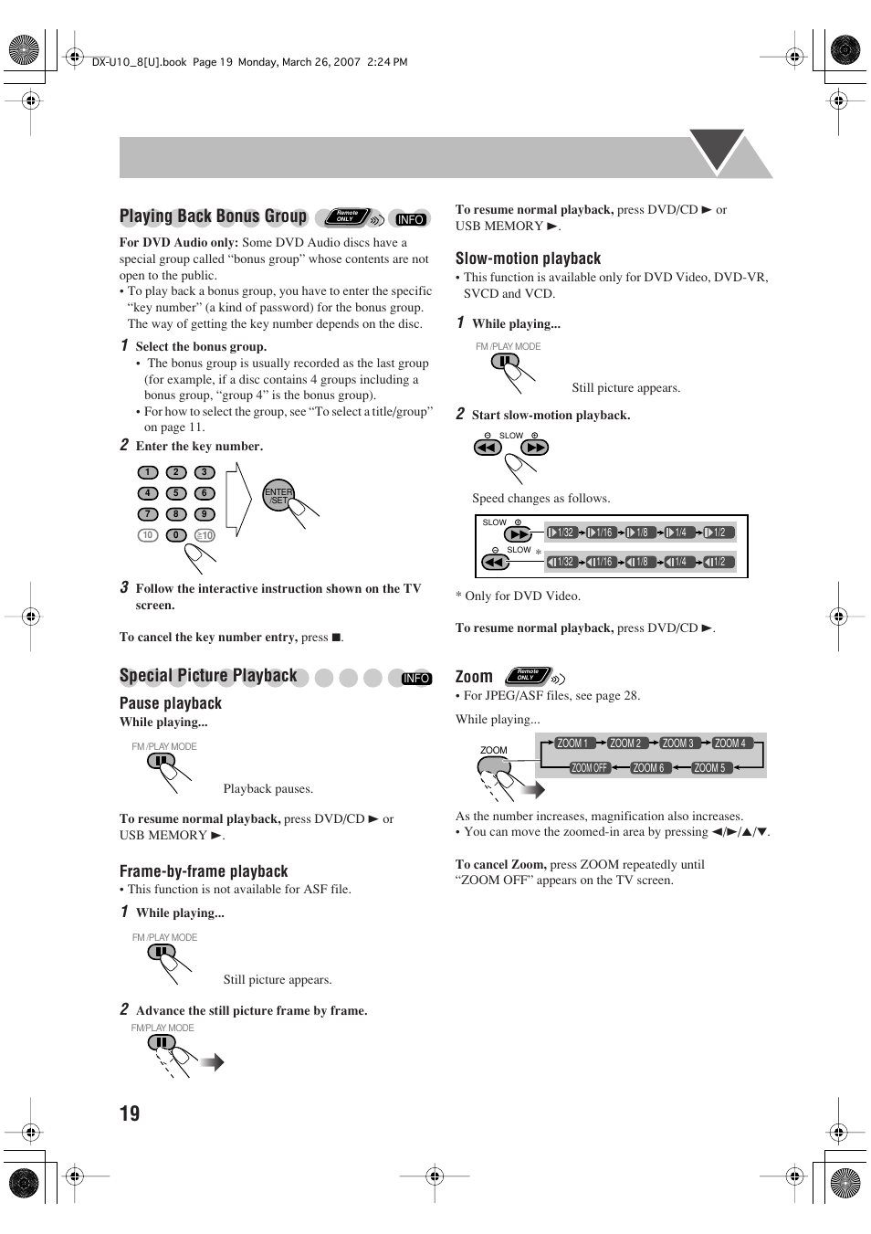 Playing back bonus group, Special picture playback | JVC CA-DXU10 User Manual | Page 22 / 104