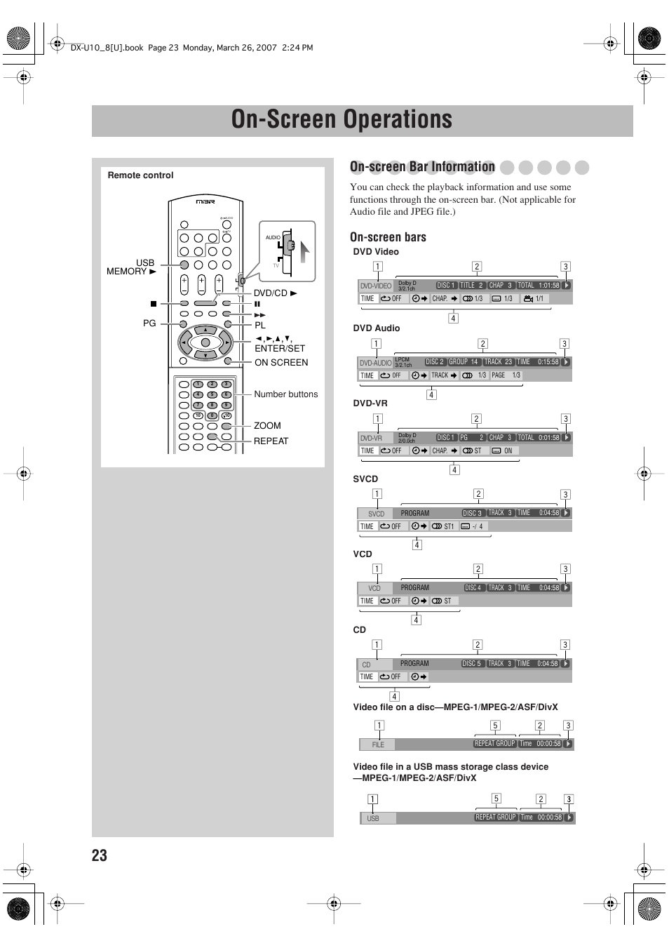 On-screen operations, On-screen bar information, On-screen bars | JVC CA-DXU10 User Manual | Page 26 / 104