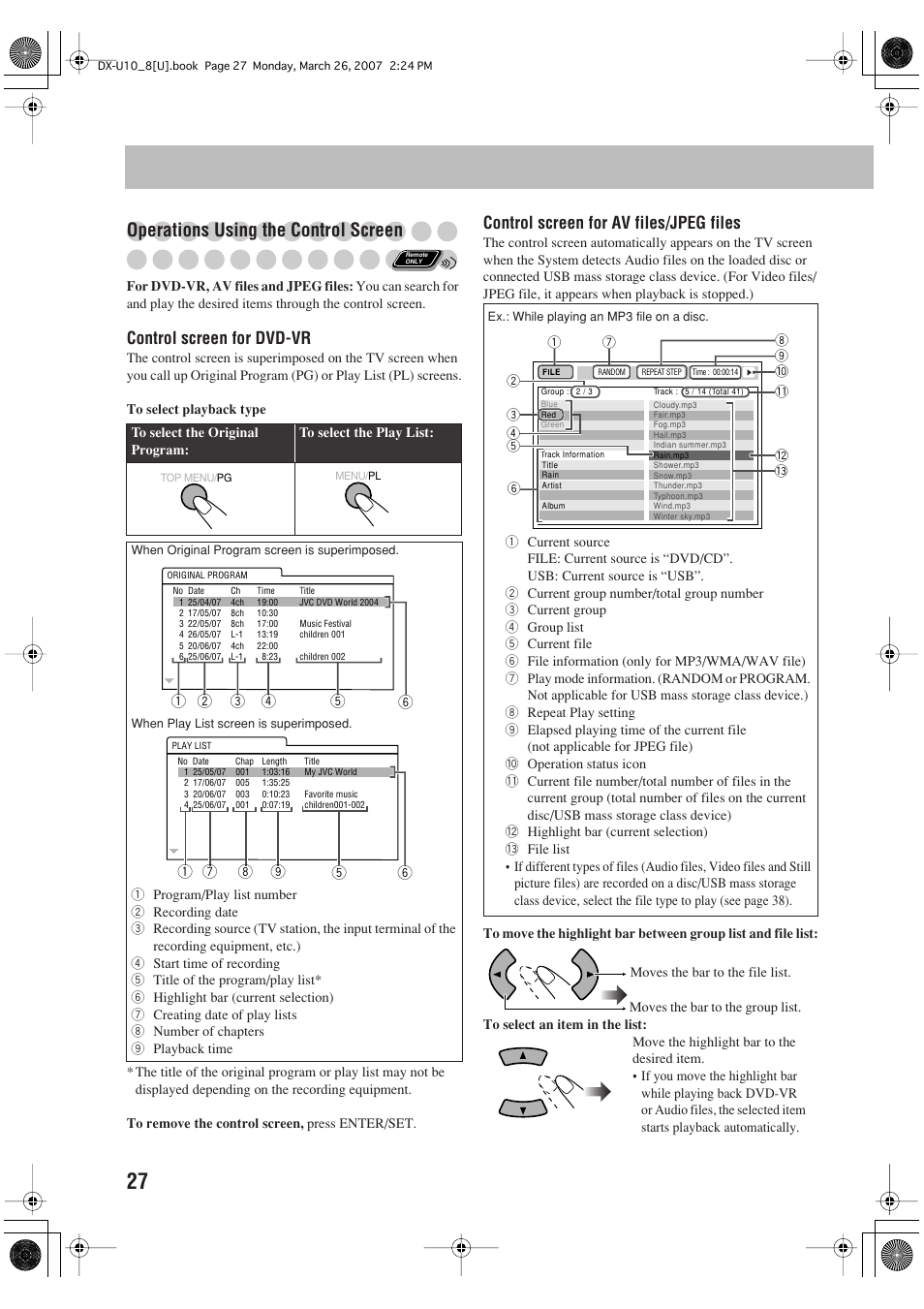 Operations using the control screen, Control screen for dvd-vr, Control screen for av files/jpeg files | JVC CA-DXU10 User Manual | Page 30 / 104