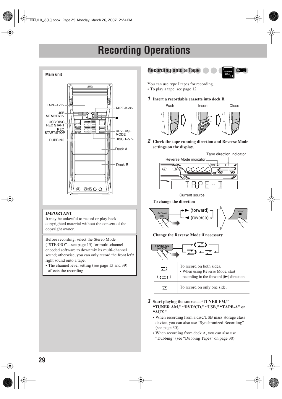 Recording operations, Recording onto a tape | JVC CA-DXU10 User Manual | Page 32 / 104