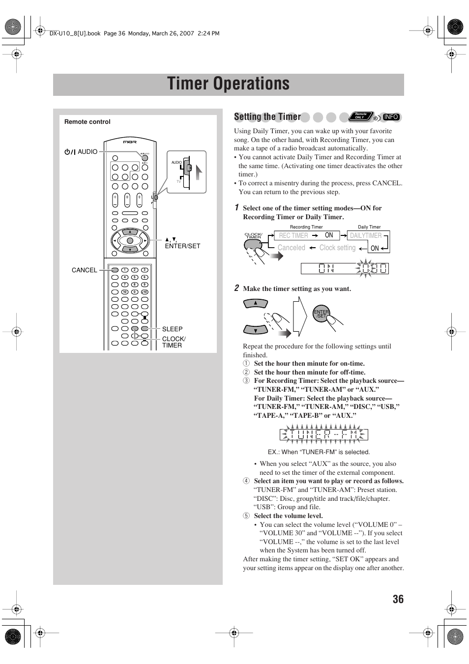 Timer operations, Setting the timer | JVC CA-DXU10 User Manual | Page 39 / 104