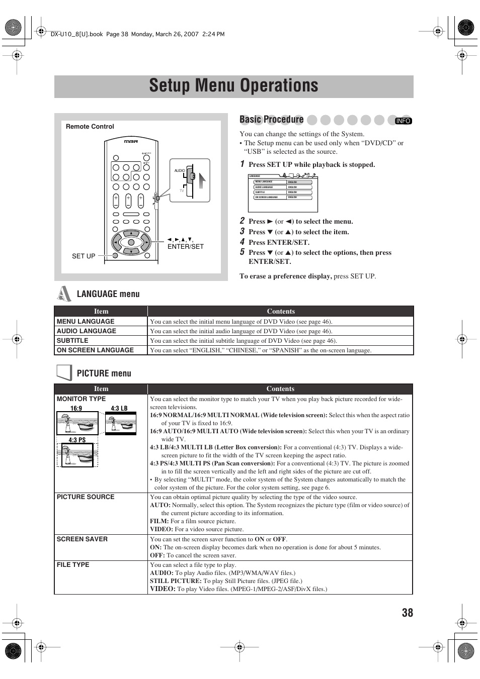 Setup menu operations, Basic procedure, Language menu picture menu | JVC CA-DXU10 User Manual | Page 41 / 104