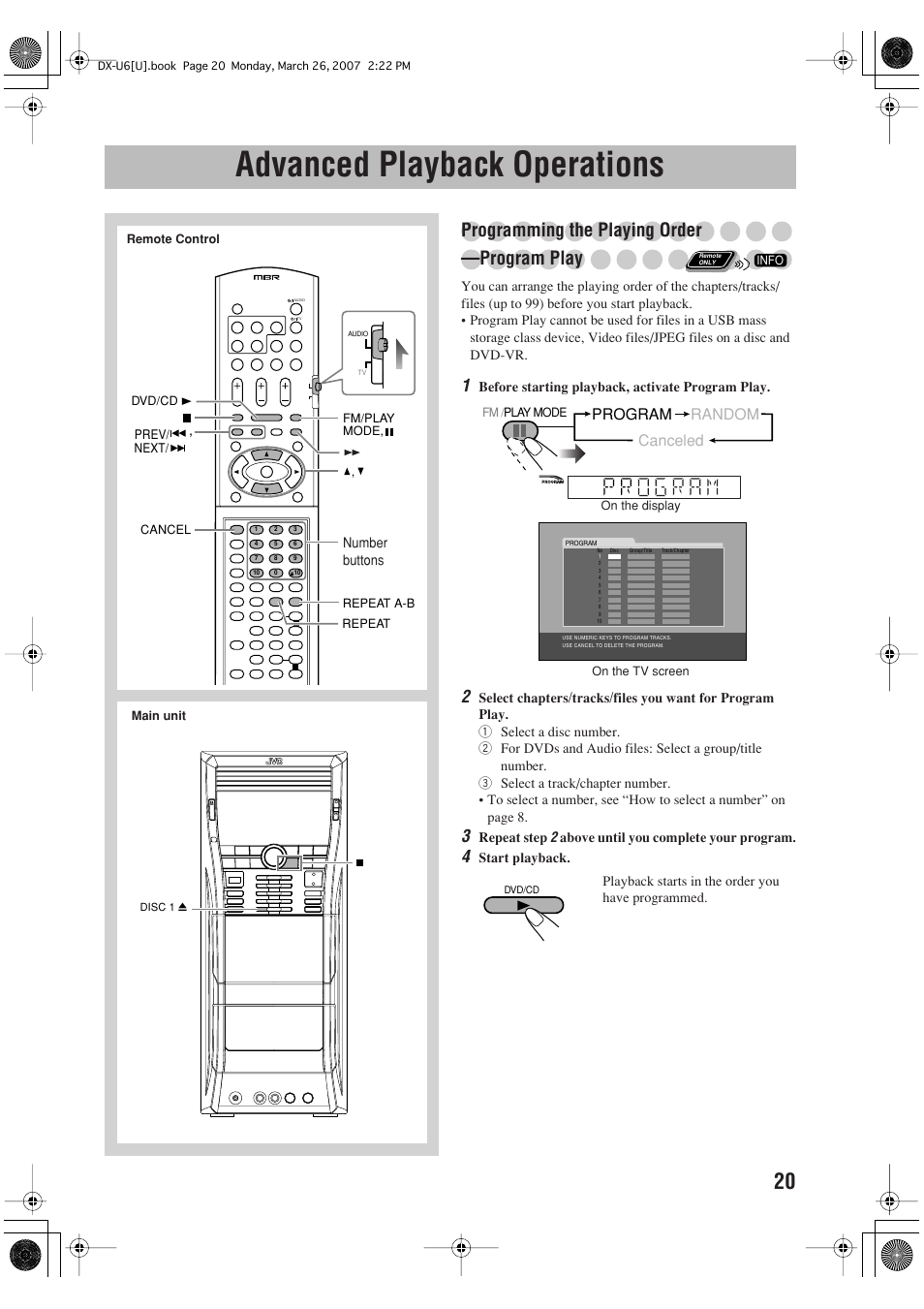 Advanced playback operations, Programming the playing order —program play, Program random canceled | JVC CA-DXU10 User Manual | Page 75 / 104