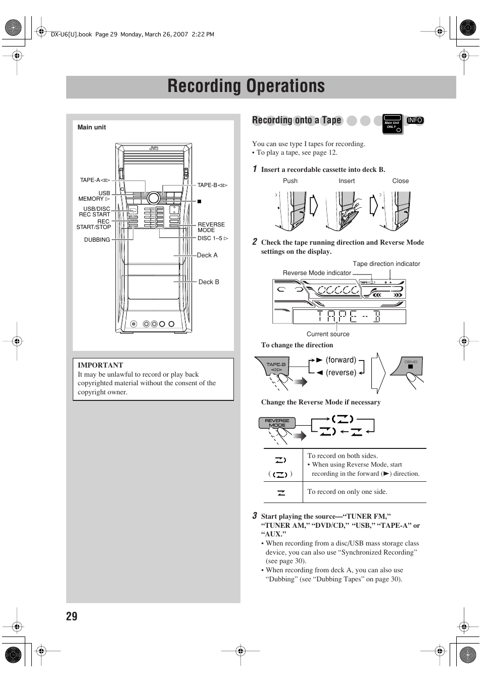 Recording operations, Recording onto a tape | JVC CA-DXU10 User Manual | Page 84 / 104