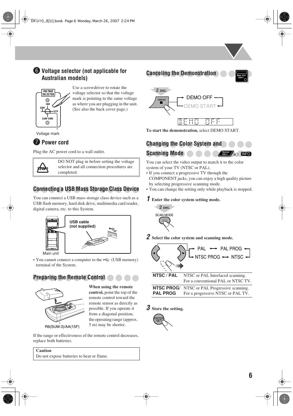 Power cord, Connecting a usb mass storage class device, Preparing the remote control | Canceling the demonstration, Changing the color system and scanning mode | JVC CA-DXU10 User Manual | Page 9 / 104