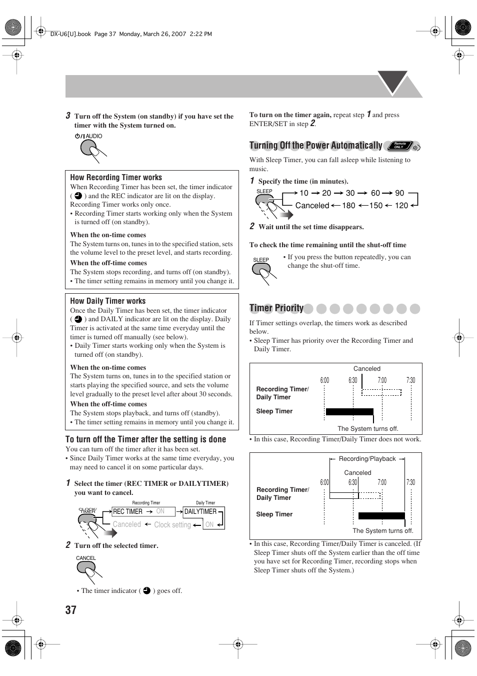 Turning off the power automatically, Timer priority | JVC CA-DXU10 User Manual | Page 92 / 104