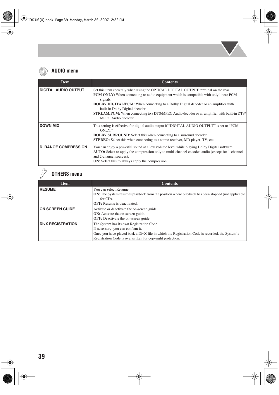 Audio menu, Others menu | JVC CA-DXU10 User Manual | Page 94 / 104