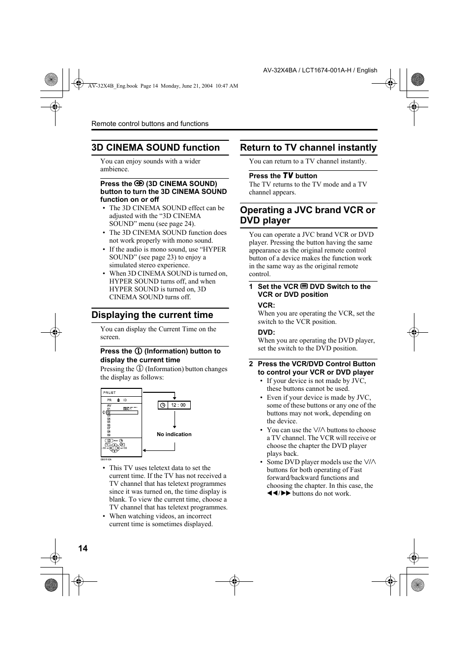 3d cinema sound function, Displaying the current time, Return to tv channel instantly | Operating a jvc brand vcr or dvd player, Dvd player | JVC AV-32X4BA User Manual | Page 16 / 48