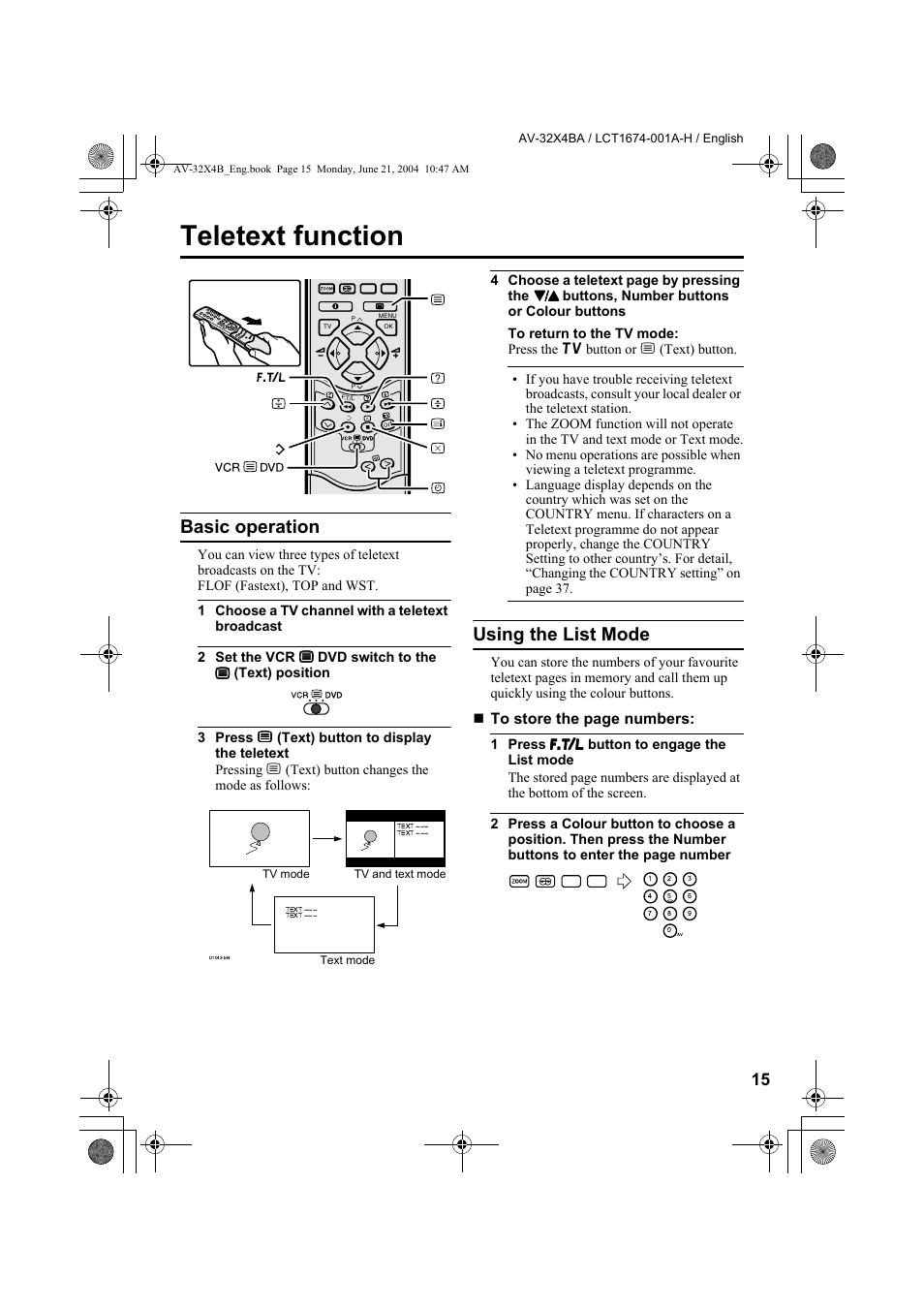 Teletext function, Basic operation, Using the list mode | Basic operation using the list mode | JVC AV-32X4BA User Manual | Page 17 / 48