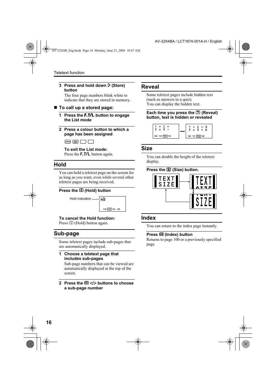 Hold, Reveal, Size | Index, Sub-page | JVC AV-32X4BA User Manual | Page 18 / 48