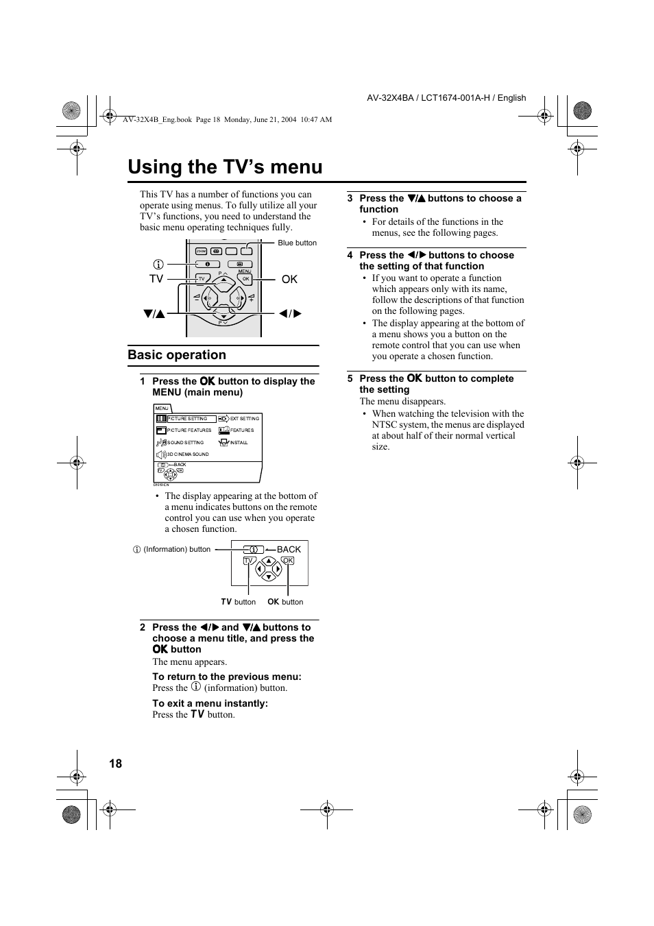 Using the tv’s menu, Basic operation | JVC AV-32X4BA User Manual | Page 20 / 48
