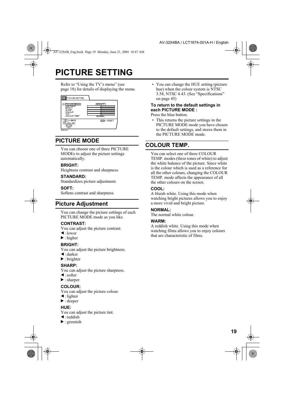 Picture setting, Picture mode, Picture adjustment | Colour temp, Picture mode picture adjustment colour temp | JVC AV-32X4BA User Manual | Page 21 / 48