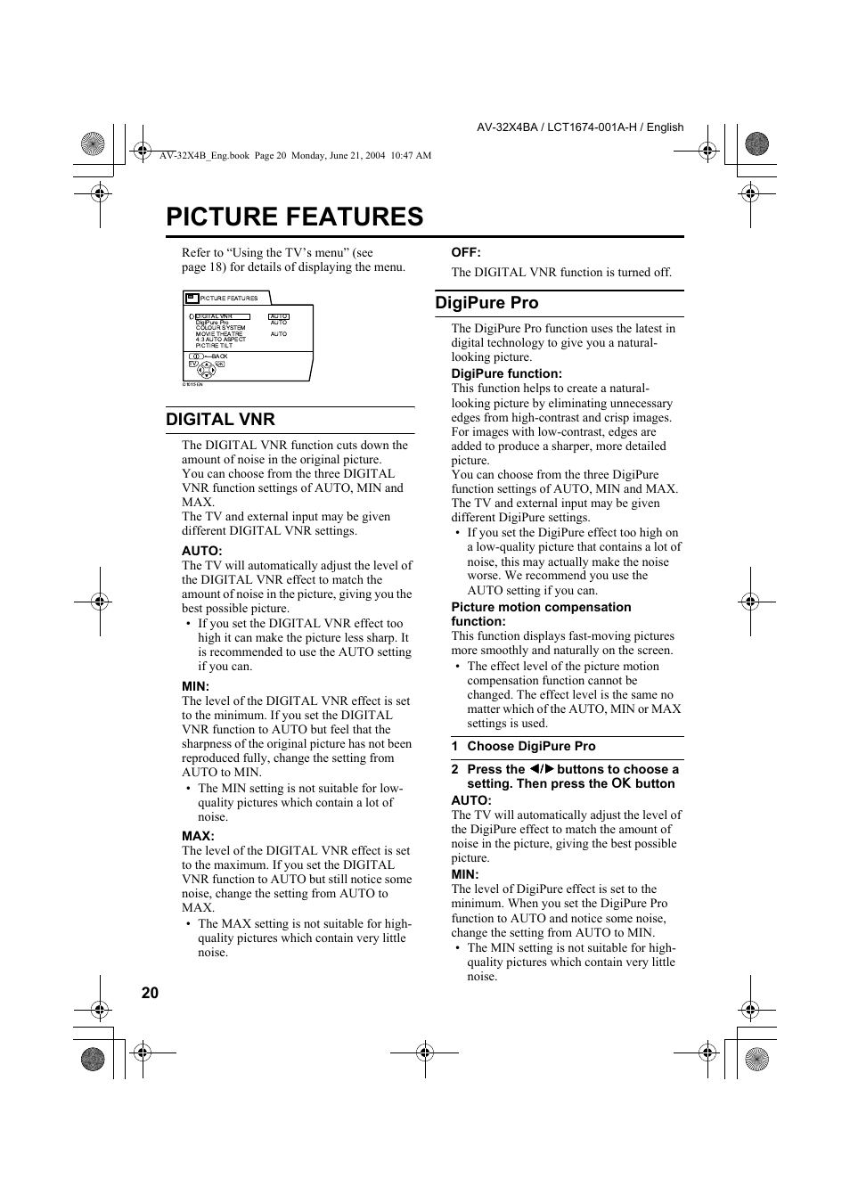Picture features, Digital vnr, Digipure pro | Digital vnr digipure pro | JVC AV-32X4BA User Manual | Page 22 / 48