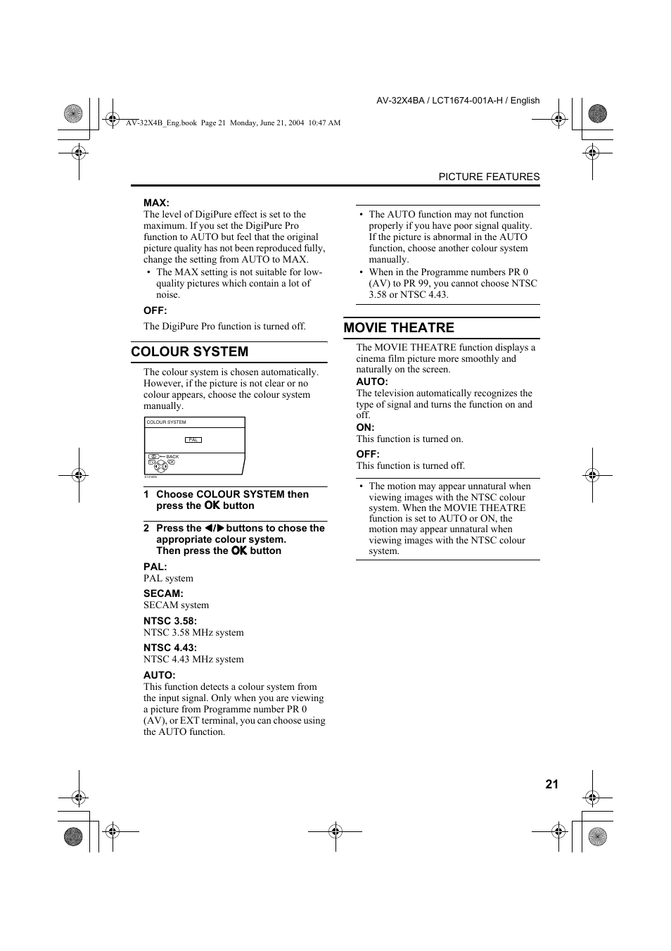 Colour system, Movie theatre, Colour system movie theatre | See “colour | JVC AV-32X4BA User Manual | Page 23 / 48