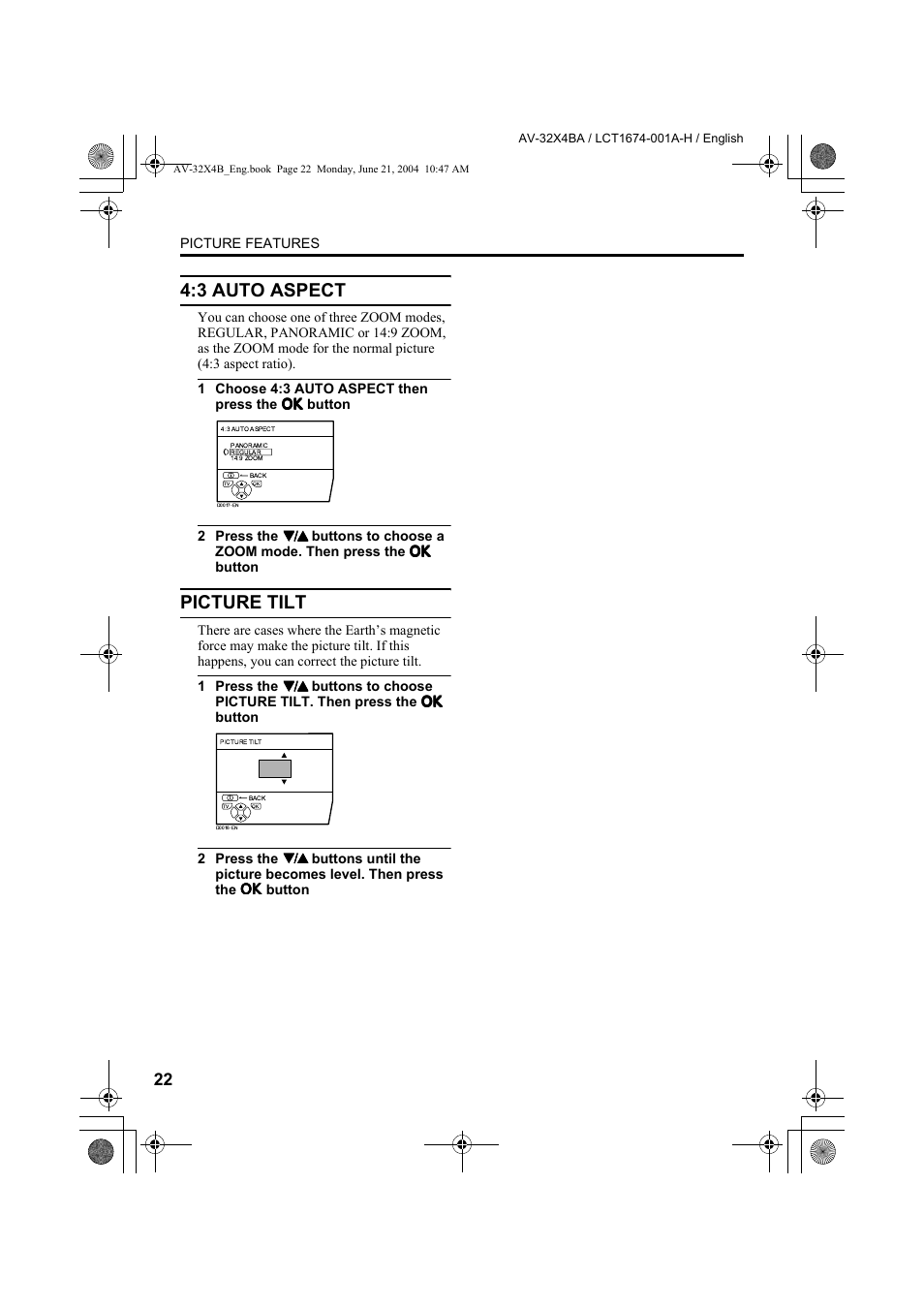 3 auto aspect, Picture tilt, 3 auto aspect picture tilt | JVC AV-32X4BA User Manual | Page 24 / 48