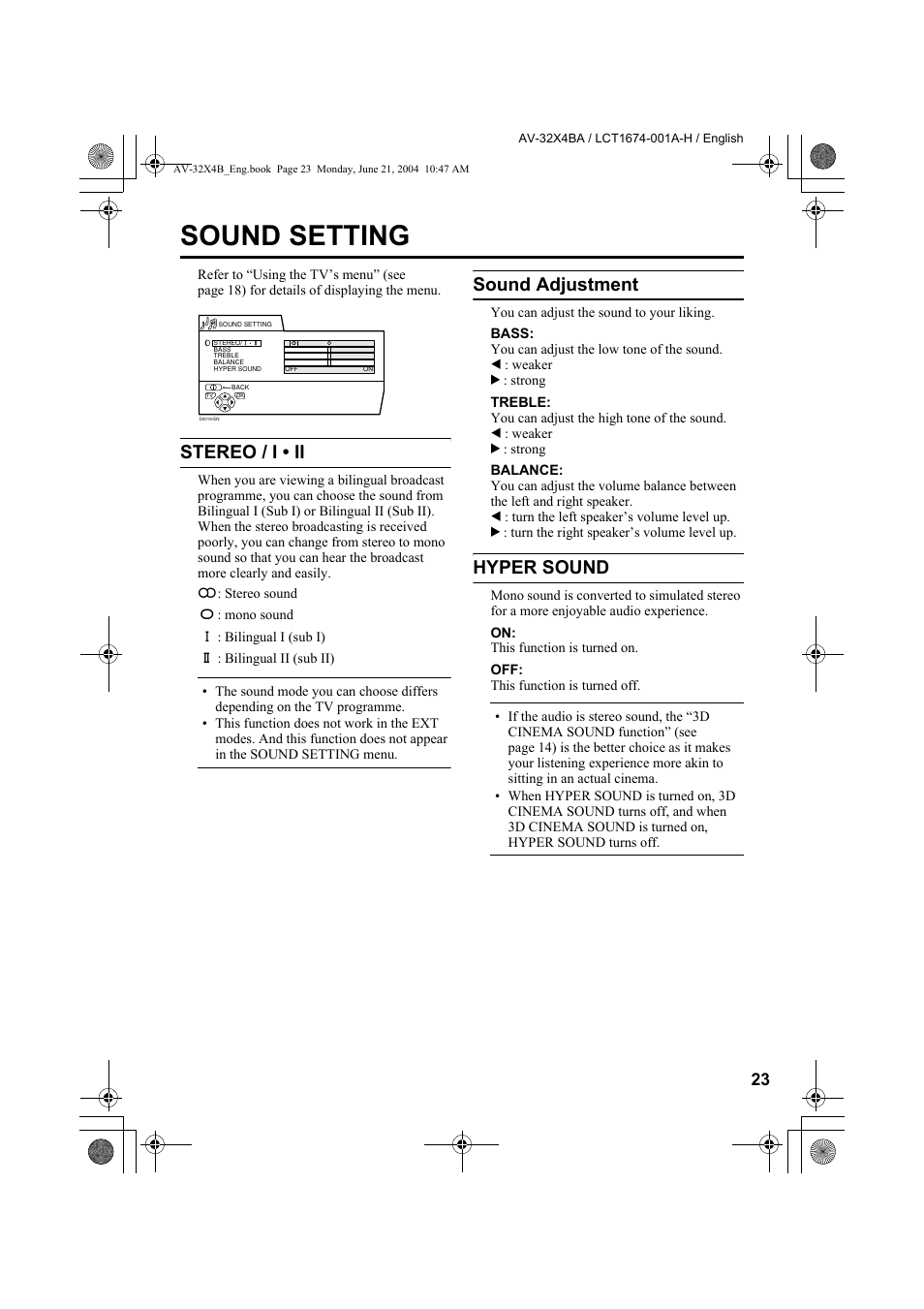 Sound setting, Stereo / i • ii, Sound adjustment | Hyper sound, Stereo / i • ii sound adjustment hyper sound | JVC AV-32X4BA User Manual | Page 25 / 48