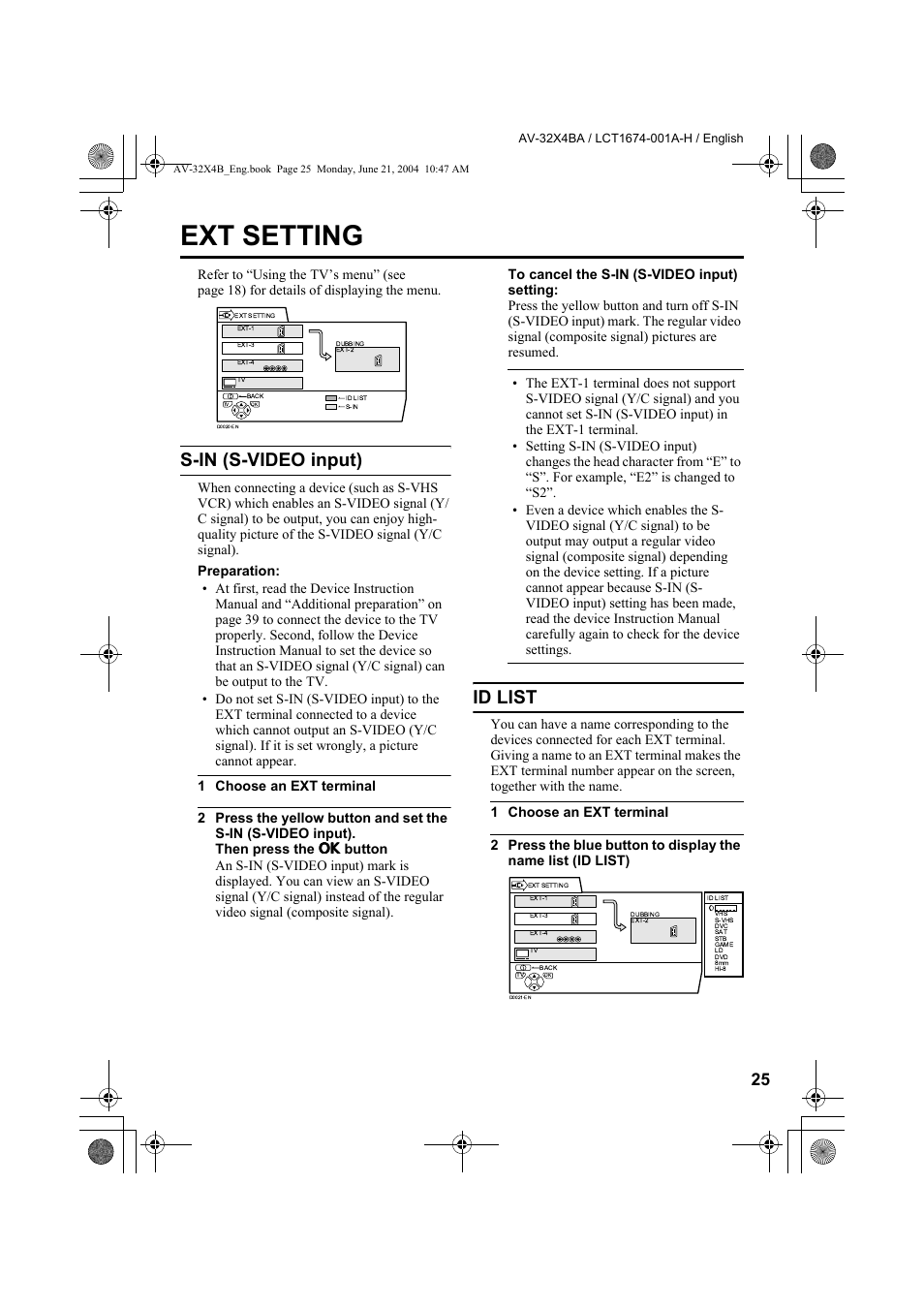 Ext setting, S-in (s-video input), Id list | S-in (s-video input) id list | JVC AV-32X4BA User Manual | Page 27 / 48