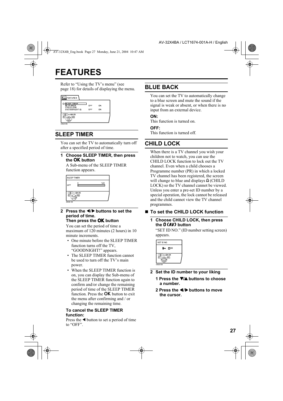 Features, Sleep timer, Blue back | Child lock, Sleep timer blue back child lock | JVC AV-32X4BA User Manual | Page 29 / 48
