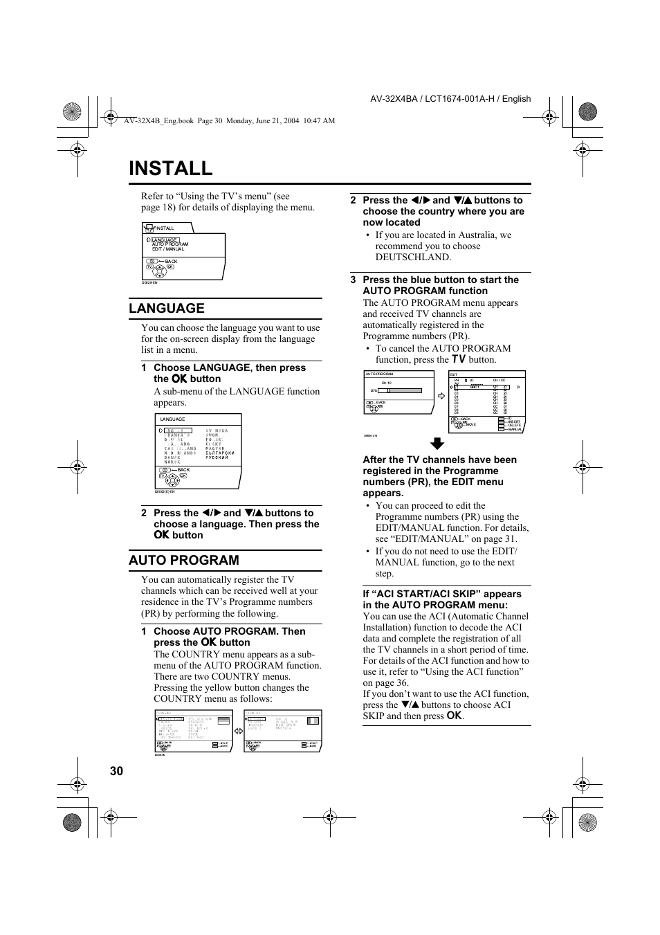 Install, Language, Auto program | Language auto program | JVC AV-32X4BA User Manual | Page 32 / 48