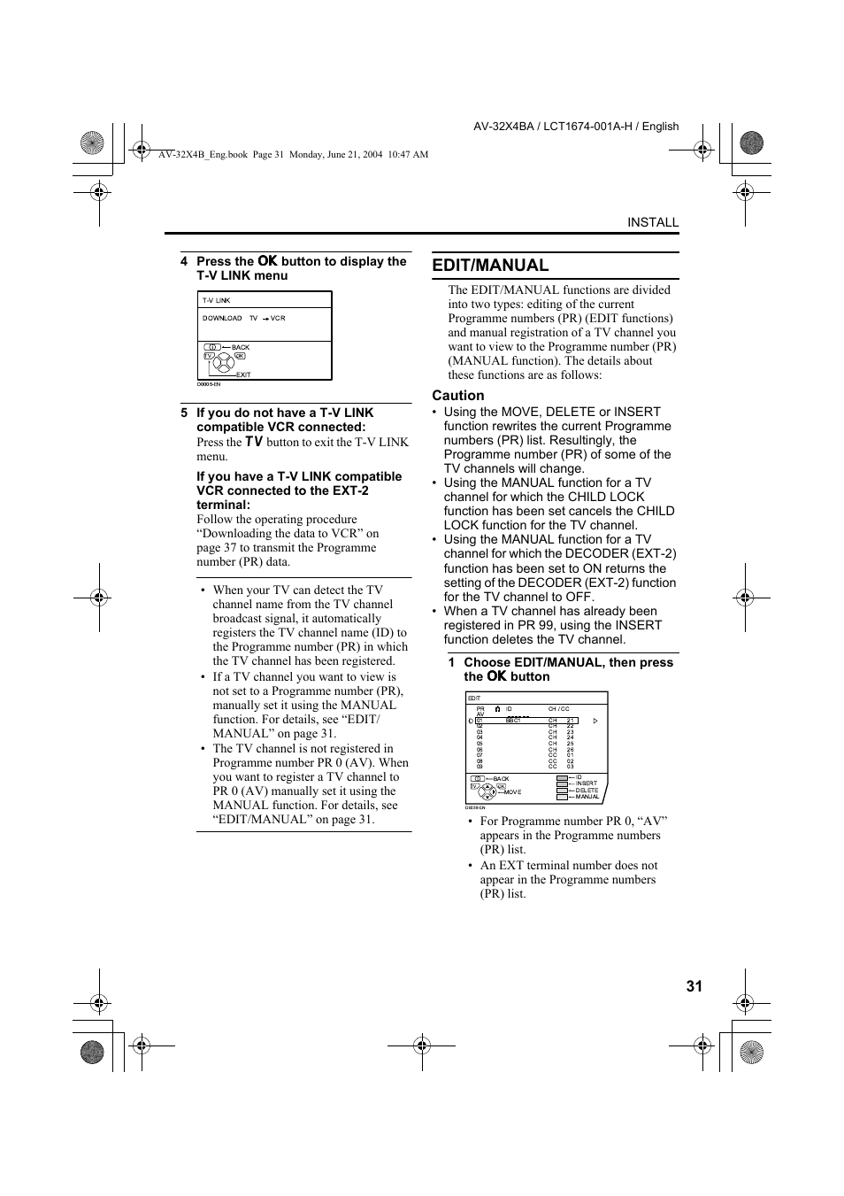 Edit/manual, Edit, Caution | Install | JVC AV-32X4BA User Manual | Page 33 / 48