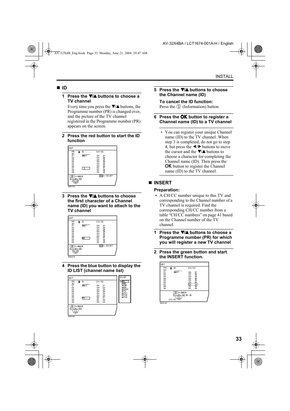 Insert, Install | JVC AV-32X4BA User Manual | Page 35 / 48
