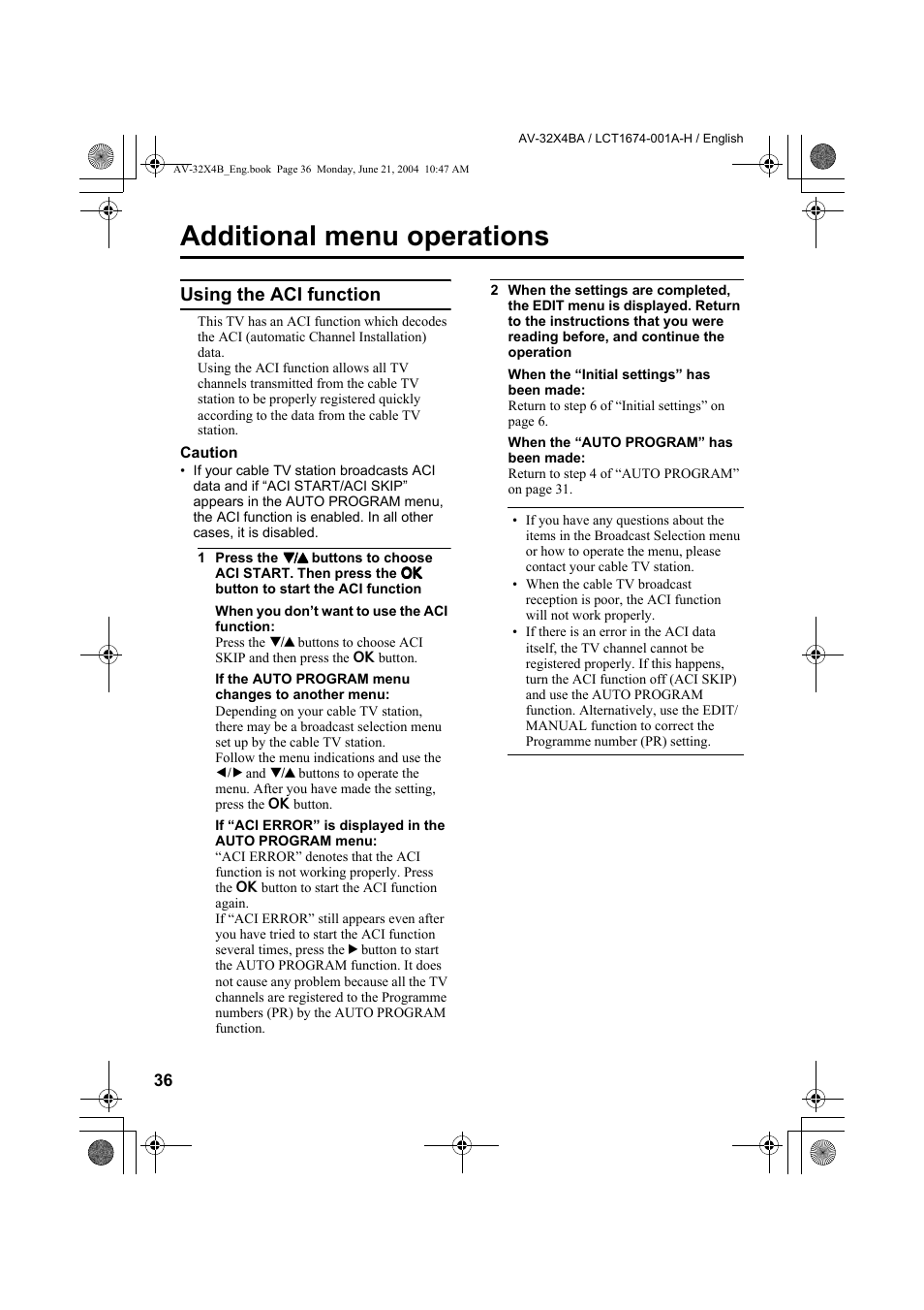 Additional menu operations, Using the aci function | JVC AV-32X4BA User Manual | Page 38 / 48