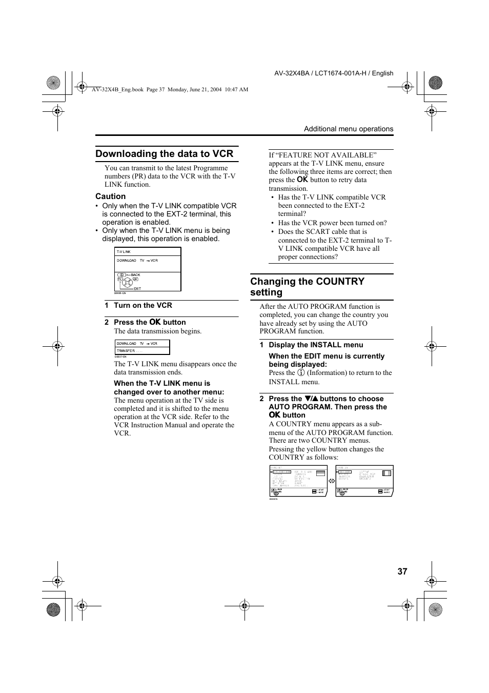 Downloading the data to vcr, Changing the country setting, Caution | JVC AV-32X4BA User Manual | Page 39 / 48