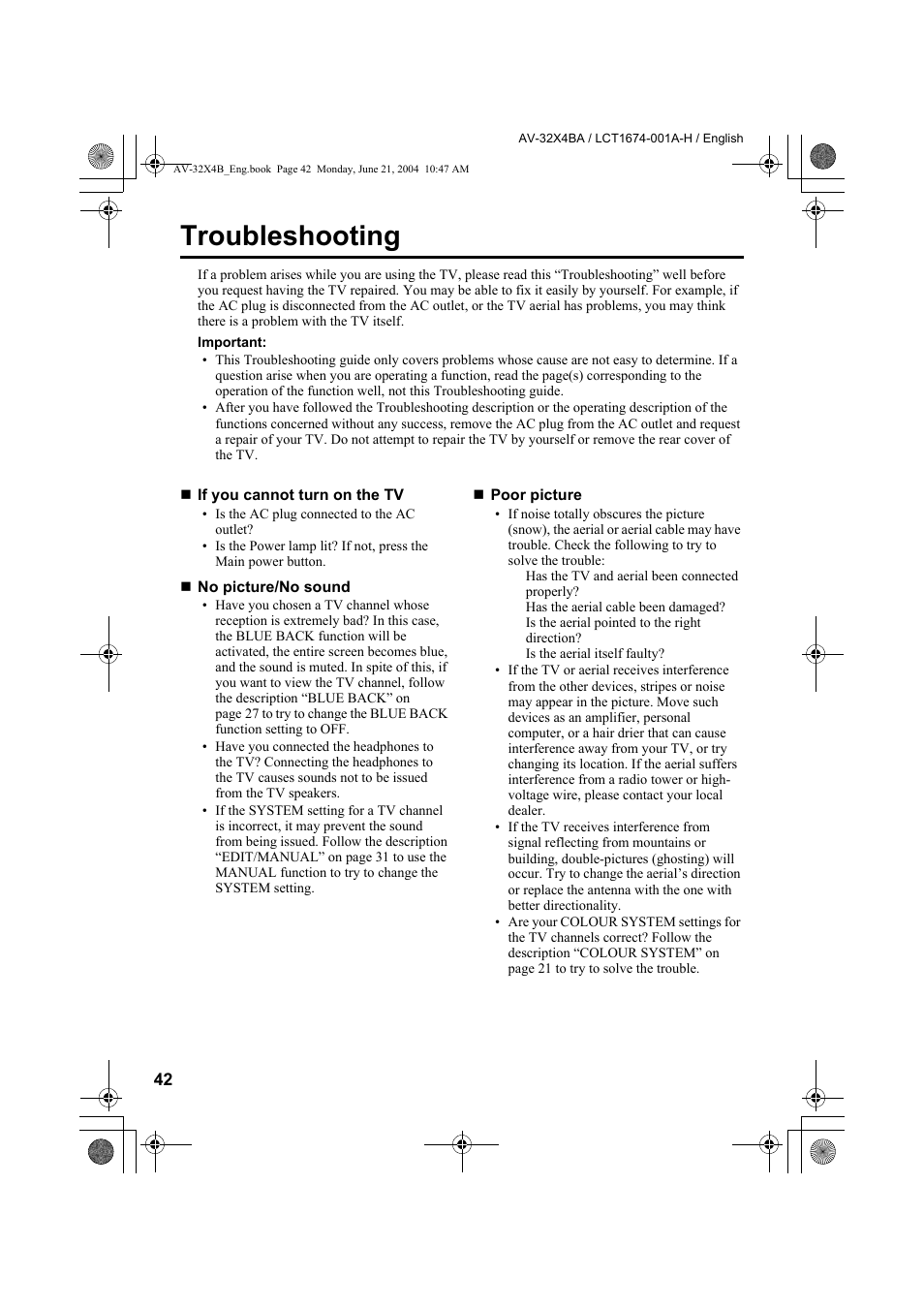 Troubleshooting | JVC AV-32X4BA User Manual | Page 44 / 48