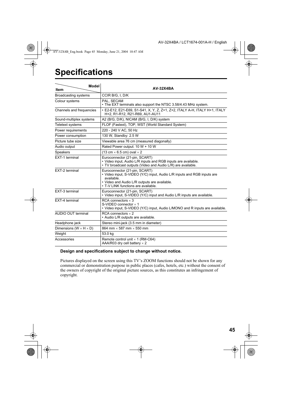 Specifications | JVC AV-32X4BA User Manual | Page 47 / 48